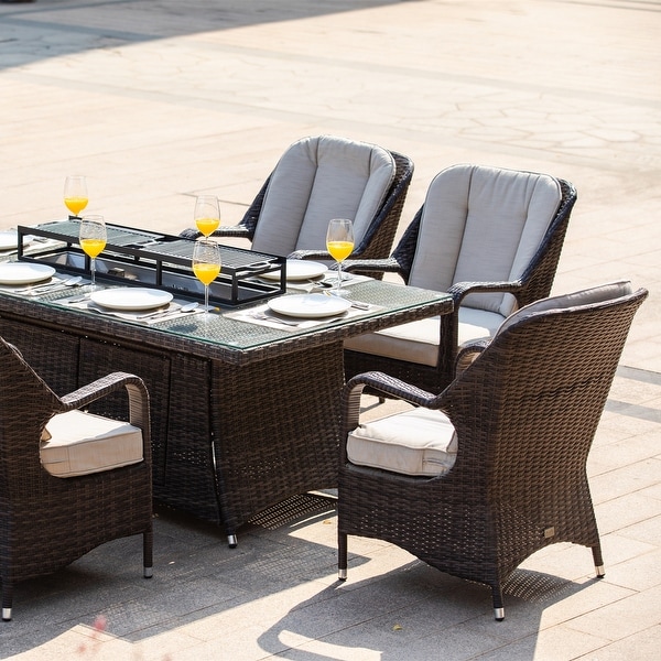 7Pc Outdoor Wicker Rectangular Gas Fire Pit Table Set with 6 Armchairs (Including Rain Cover)