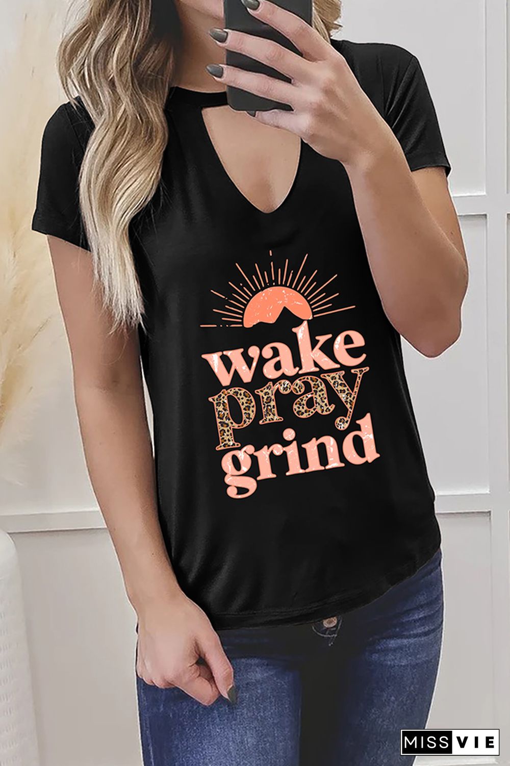 Wake Pray Grind Leopard Graphic Tees for Women Wholesale Short Sleeve T shirts Top