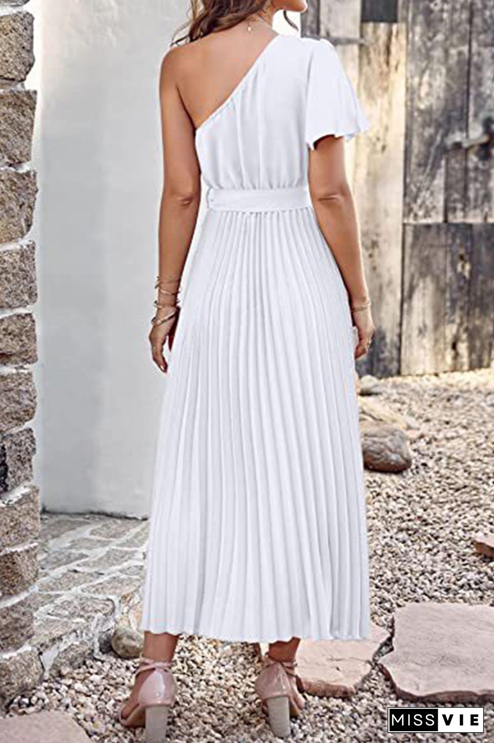 One SHoulder Short Sleeve Smock Maxi Dress