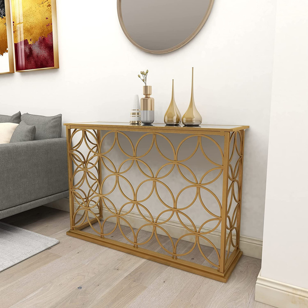 Elegant Console Table  Metallic Gold Base With Ring Pattern  ampBeveled Mirror Top   Contemporary   Console Tables   by Decorn  Houzz