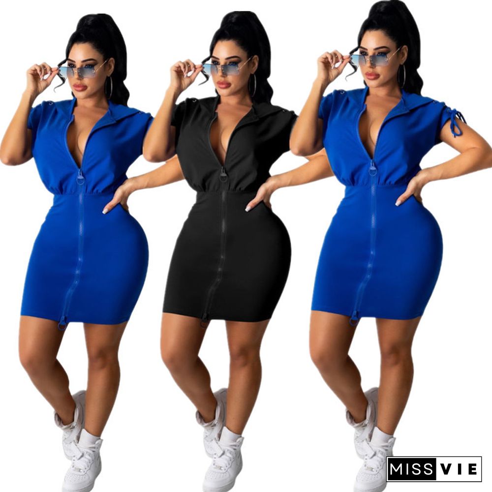 Fashionable New Casual Solid Color Strappy Hooded Dress