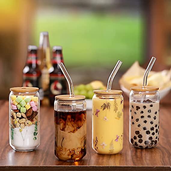 Drinking Glasses With Bamboo Lids And Glass Straw 4pcs Set - 16oz Can Shaped Glass Cups， Beer Glasses， Iced Coffee Glasses， Cute Tumbler Cup， Ideal Fo