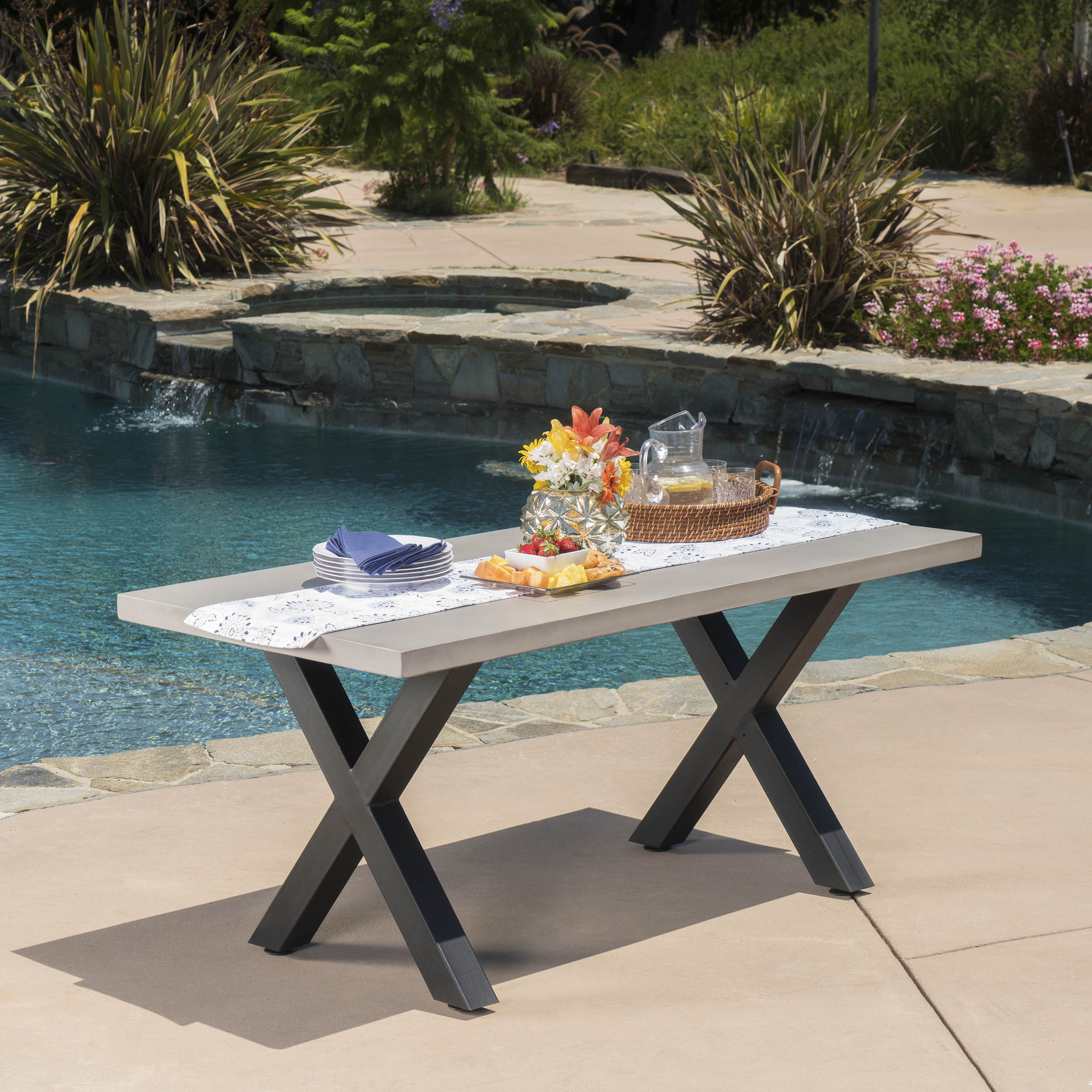 Galatian Outdoor White Lightweight Concrete Dining Table w/ Black Iron Legs