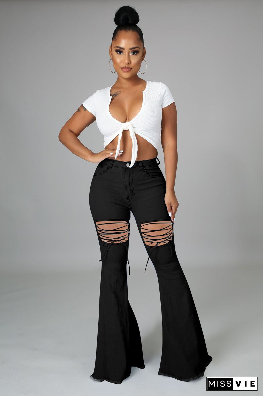 XS Summer Fashion Woman Solid Color Skinny High Waist Holes Bandage Ripped Flare Jeans