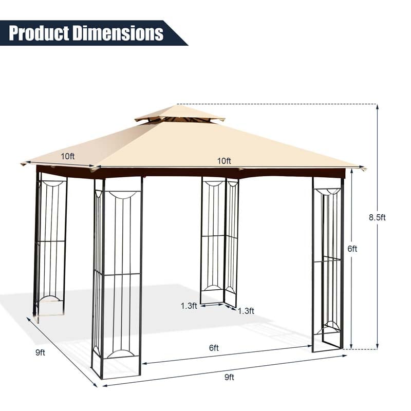 10 x 10 FT Steel Frame Patio Gazebo with 2 Tier Vented Roof, Heavy-Duty Outdoor Canopy Gazebo Tent