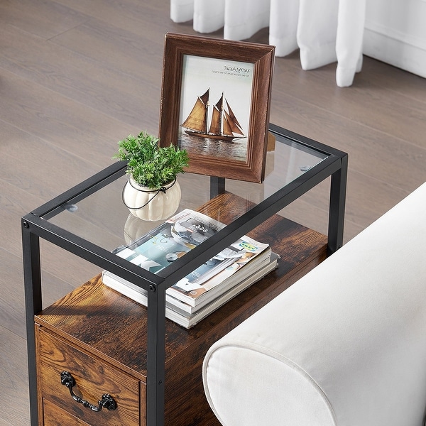 VECELO 2-Drawer Modern Narrow End Table with Glass Top