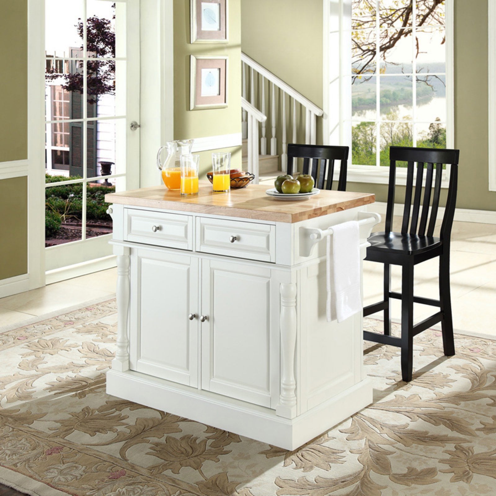 Crosley Butcher Block Top Kitchen Island with 24 in. School House Stools