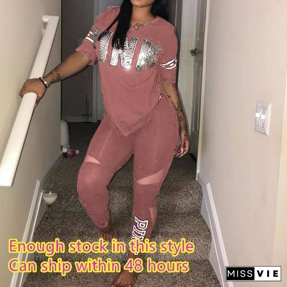 Casual 2 Piece Sets Women's Suit Tracksuits Set Pink Letter Print Plus Size Sweatsuit 3XL Top And Skinny Pants 2pcs Outfits