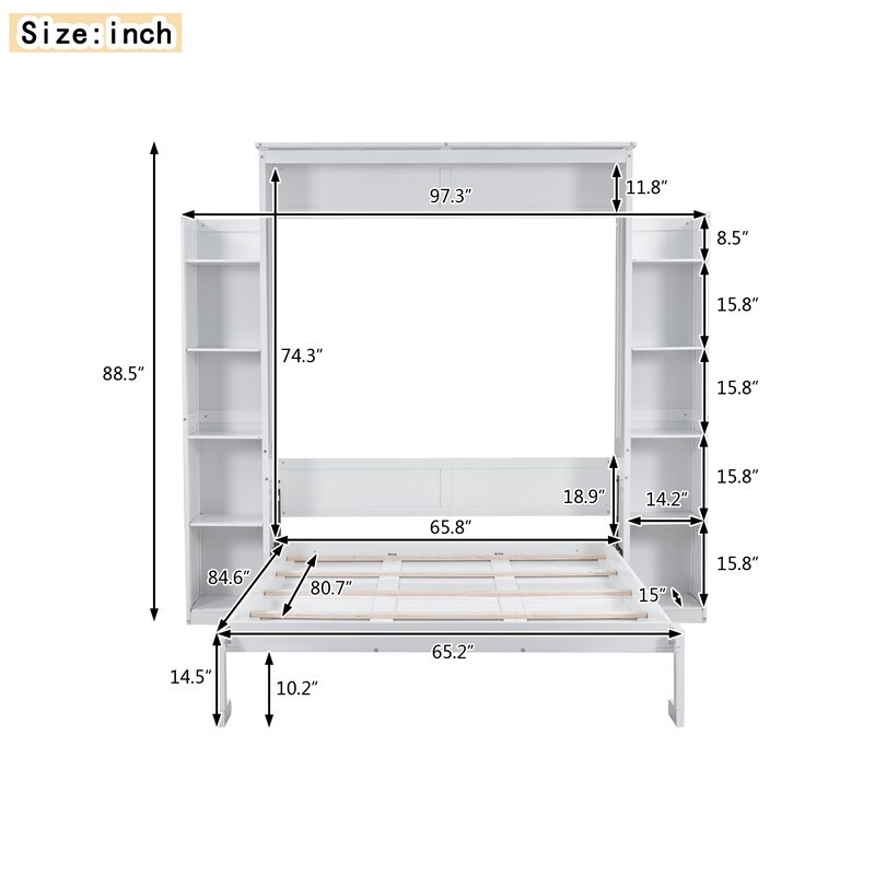 Queen Size Luxury Murphy Bed  Foldable Wall Cabinet Bed with Storage or Display Shelves and LED Lights