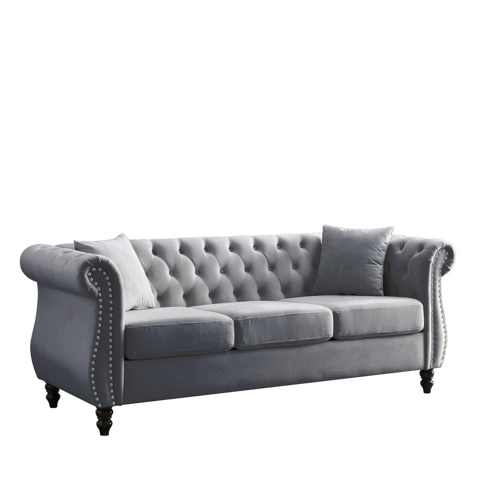 Velvet Upholstered Chesterfield Sofa Set Ergonomic Nailheads Couches Set with Removable Cushions for Livingroom