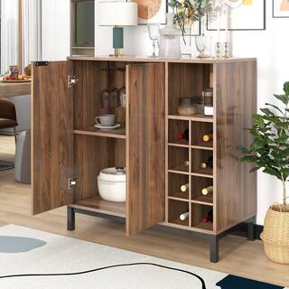 33.86 in. W x 14.17 in. D x 34.65 in. H Brown MDF Ready to Assemble Floor Kitchen Cabinet with Wine Racks mnjtrmrcxrzzs16