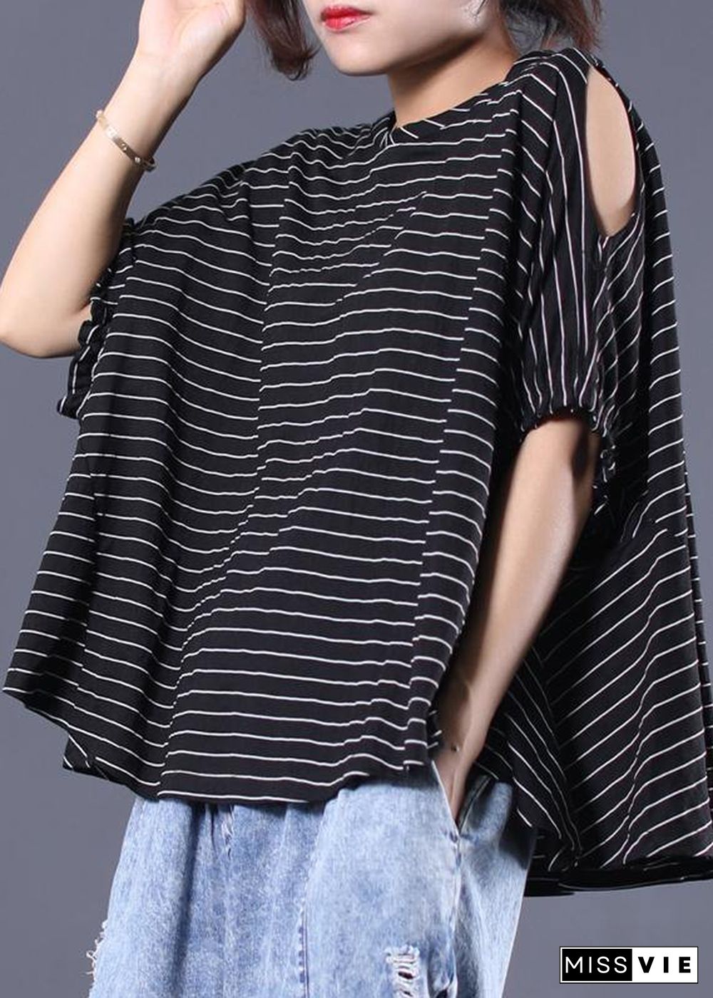 Women black striped cotton clothes off the shoulder Plus Size Clothing summer top