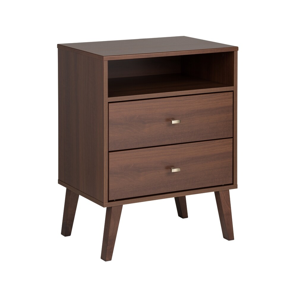 Prepac Milo Mid Century Modern 2 Drawer Nightstand with Open Shelf  Bedside Table  Contemporary Bedroom Furniture