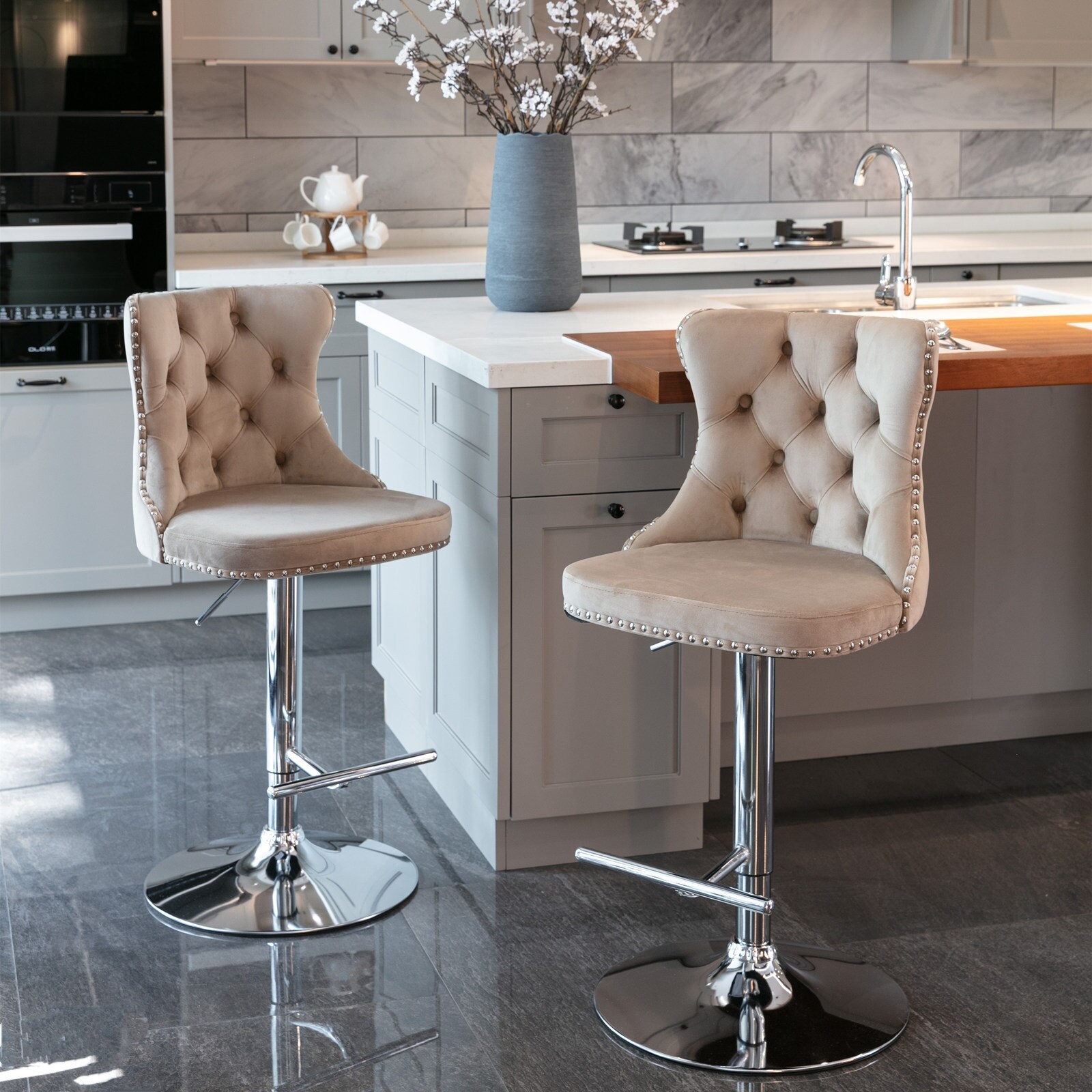 Swivel Velvet Barstools Adjusatble Seat， Modern Bar Chairs Comfortable Tufted