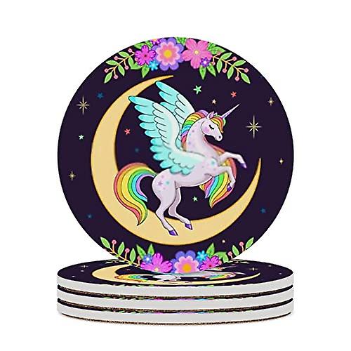 Round Drink Coasters 4 Pcs Cute Cartoon Pegasus With Rainbow Color Absorbent Ceramic Coaster With Cork Base For Coffee Cups Housewarming Gift For Home