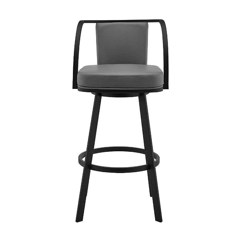 Swivel Barstool with Open Curved Metal Frame Arms， Gray and Black