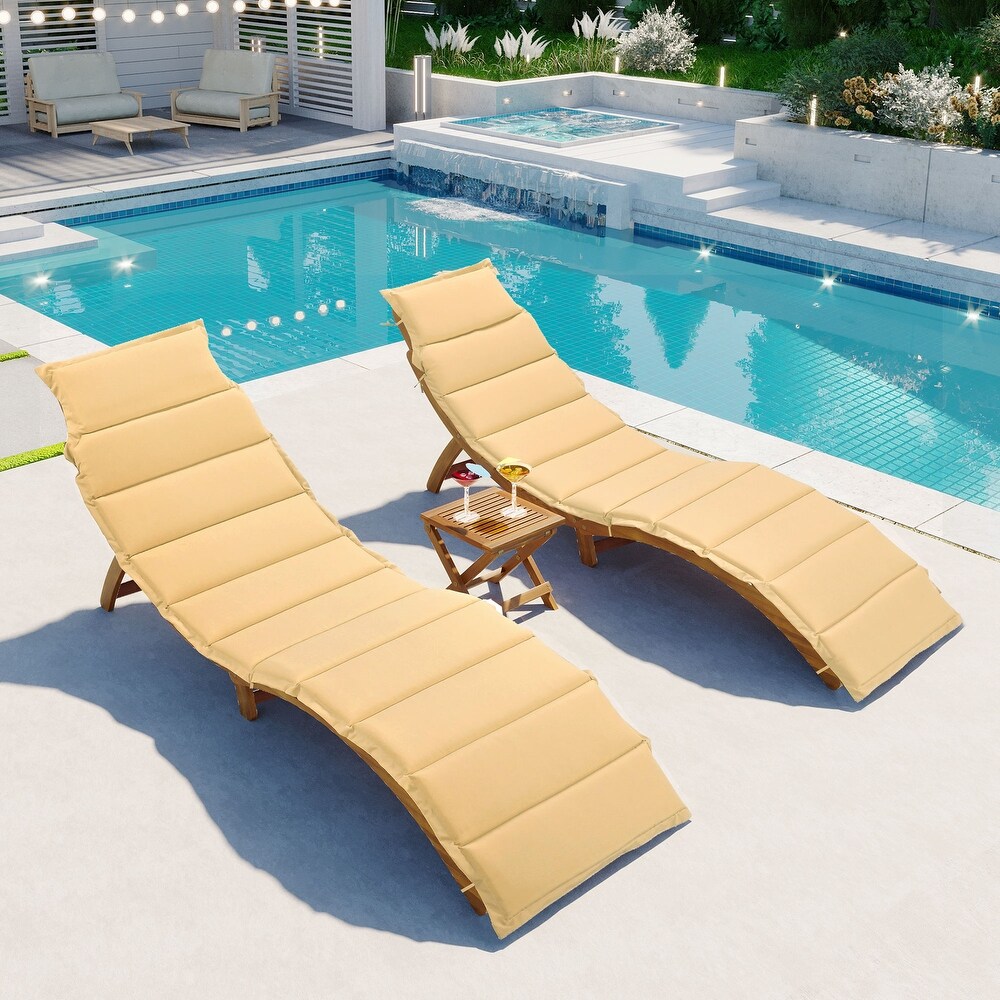 Poolside 3 Piece Wood Portable Extended Chaise Lounge Set with Foldable Tea Table