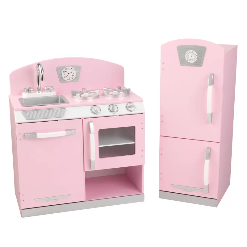 KidKraft Retro Wooden Play Kitchen and Refrigerator 2-Piece Set with Faucet， Sink， Burners and Working Knobs， Pink， Gift for Ages 3+