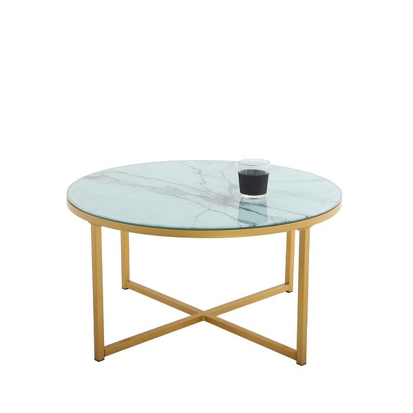 EPOWP Cross Legs Glass Coffee Table with Metal Base， Marble White Top and Golden