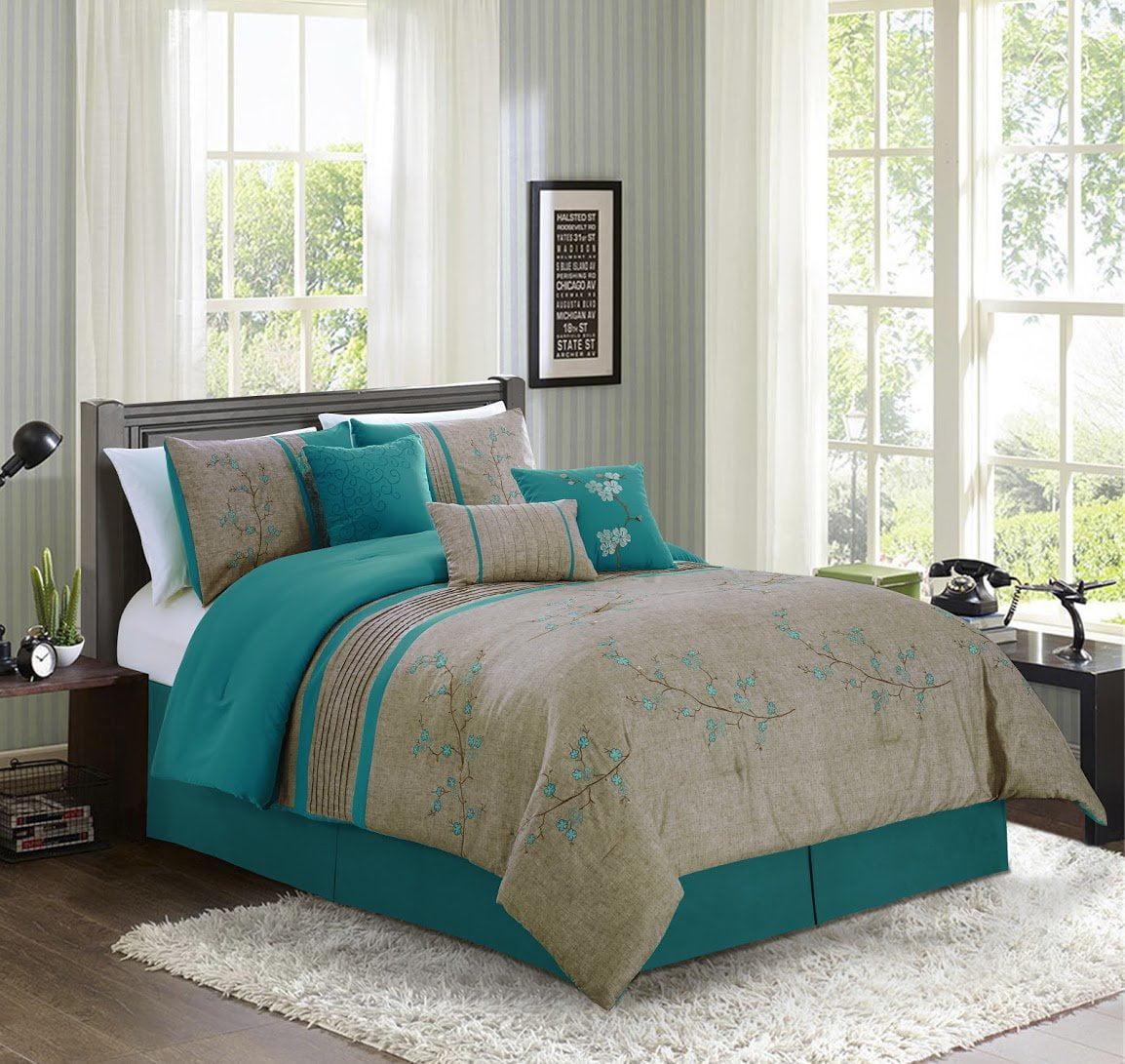 Chezmoi Collection Luxury Floral 7 Piece Comforter Sets， Full with Shams， Bed Skirt， Cushions， Breakfast Pillow