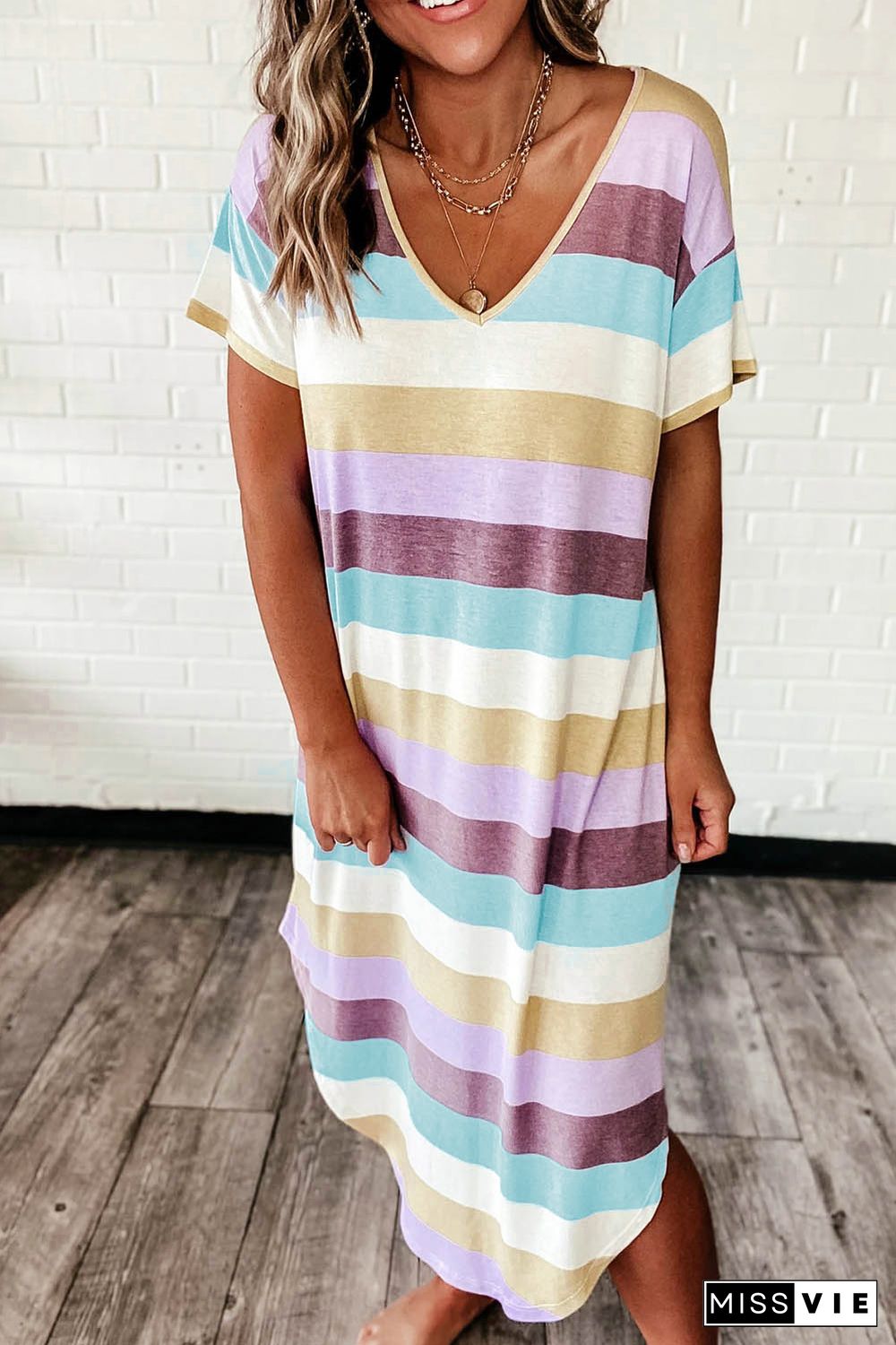 Striped Color Block V Neck T Shirt Midi Dress