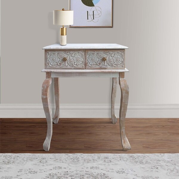 2 Drawer Mango Wood Console Table with Floral Carved Front， Brown and White