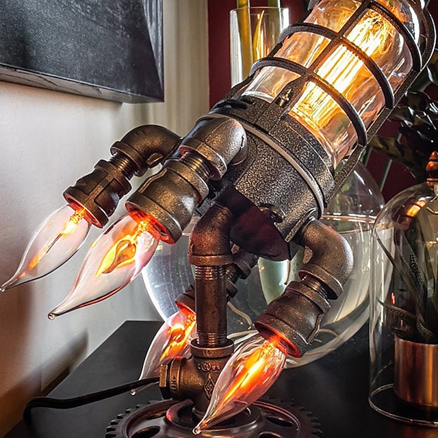 Steampunk Rocket Lamp LED Bulb with Simulated Flame LED Retro Light Industrial Desk Lamp Creative Steampunk Decorative Rocket Lamp Suitable for Home Bedroom (Includes Five Bulbs)