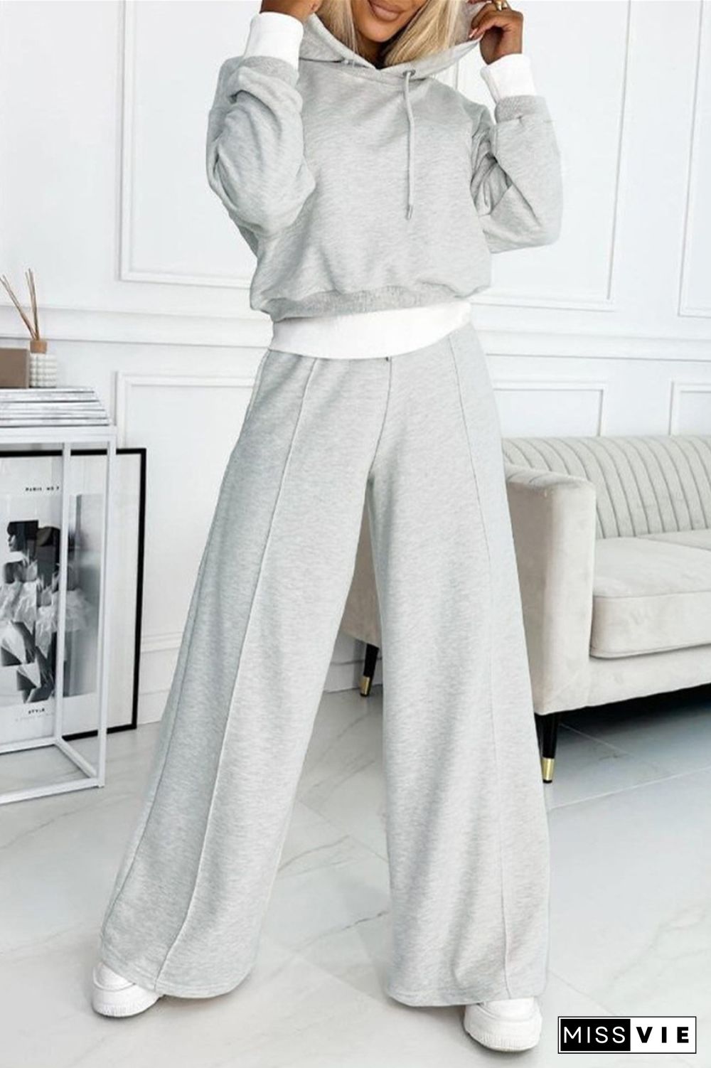 Colorblock Drawstring Hoodie & Wide Leg Pants Set