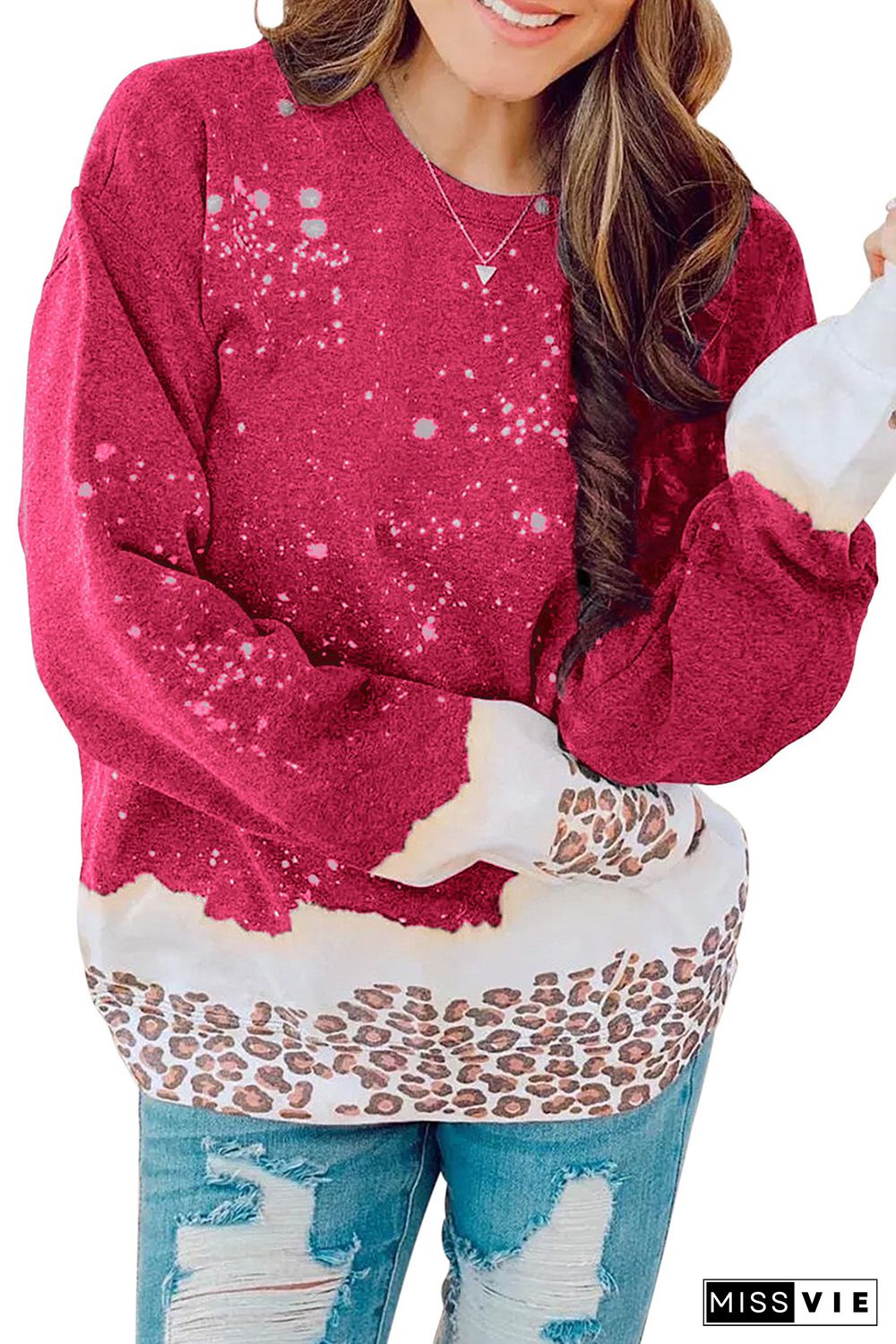 Red Leopard Bleached Pullover Sweatshirt