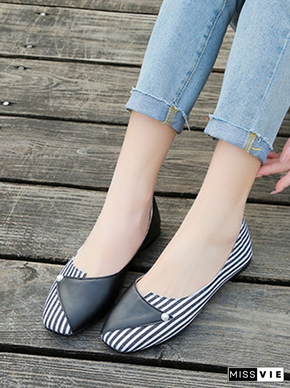 Women Striped All Season Urban Split Joint PU Pu Slip On Standard Shallow Shoes Flats