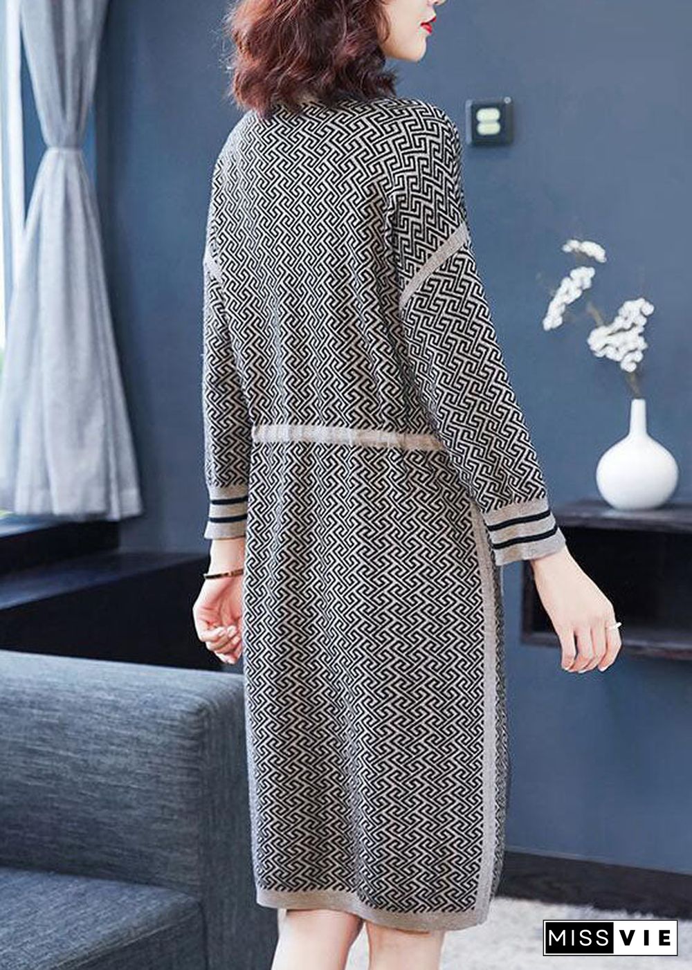 Camel Patchwork Long Knit Dress Pockets Tie Waist Long Sleeve