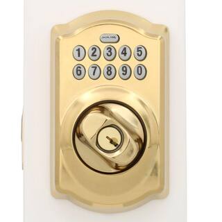 Schlage Camelot Keypad Electronic Door Lock Deadbolt and Georgian Knob in Bright Brass BE365 CAM F10 GEO 605