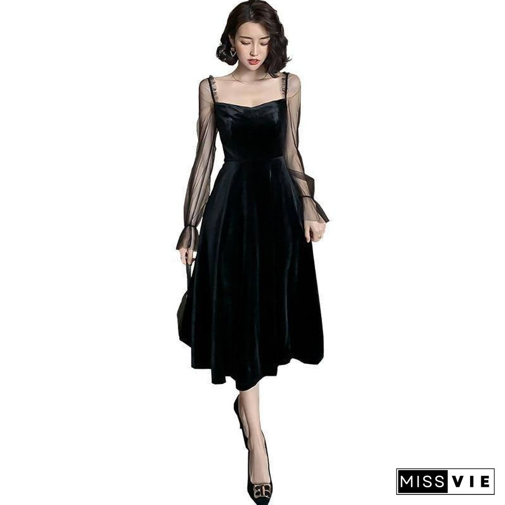 Spring Autumn Woman Clothes Net Yarn Sleeve Dress Stitching Velvet Long Sleeve Dresses Black Fashion Fall Women Clothing