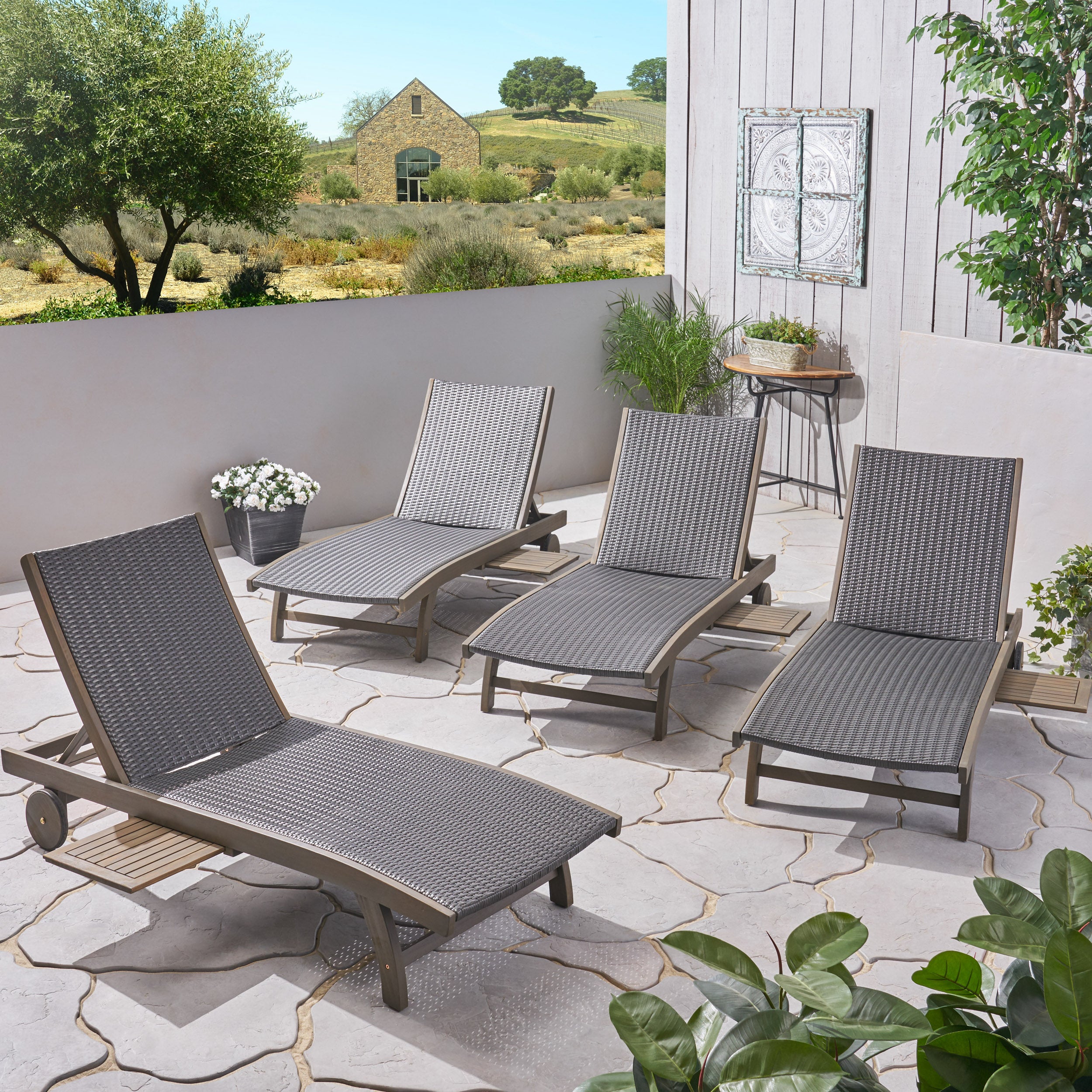 Yedda Outdoor Wicker and Wood Chaise Lounge with Pull-Out Tray