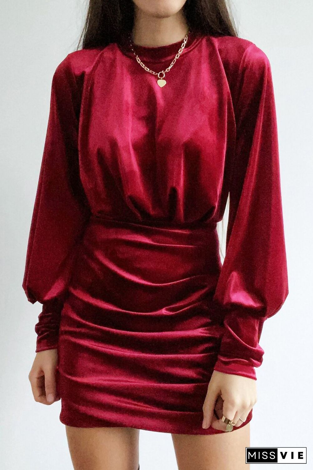 Wine Mock Neck Long Sleeve Ruched Velvet Mini Dress with Hollow-out Back