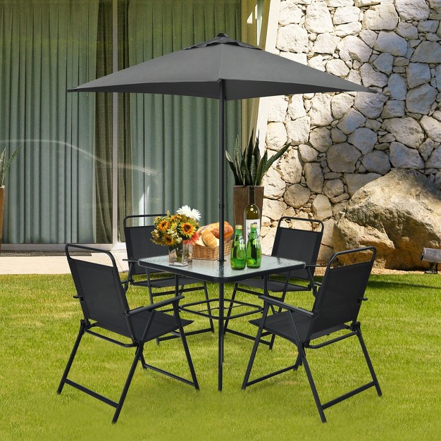 Tangkula 6 piece Patio Dinning Sets Garden Table Set Outdoor Folding Chairs amp Glass Table Set W Umbrella Grey