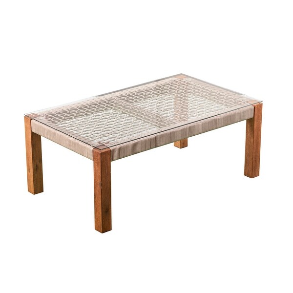 SEI Furniture Belen Contemporary Natural Acacia Wood Cocktail Table with Glass Top and Rope Detail