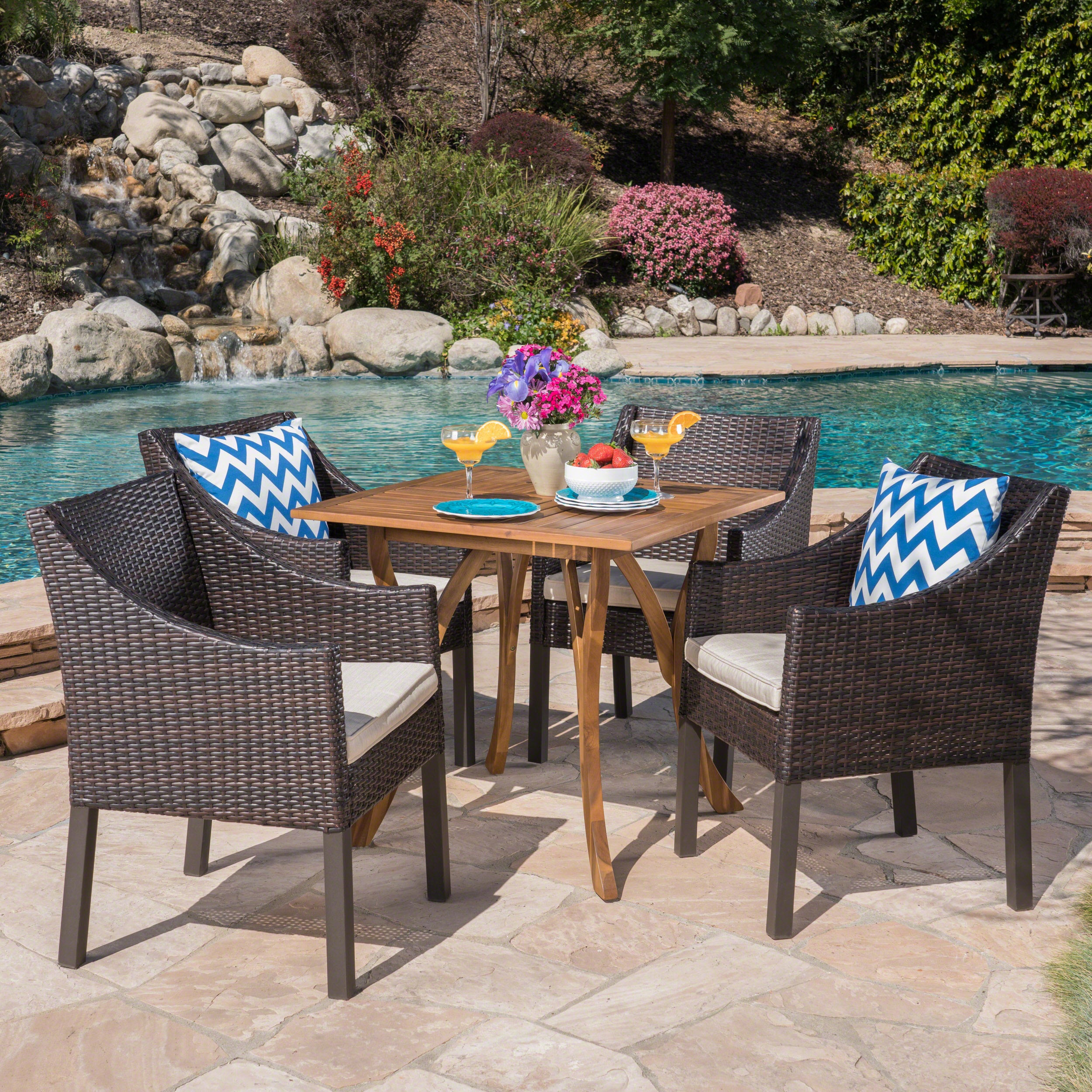 Marcy Outdoor 5 Piece Acacia Wood/ Wicker Dining Set with Cushions, Teak Finish and Multibrown with Beige