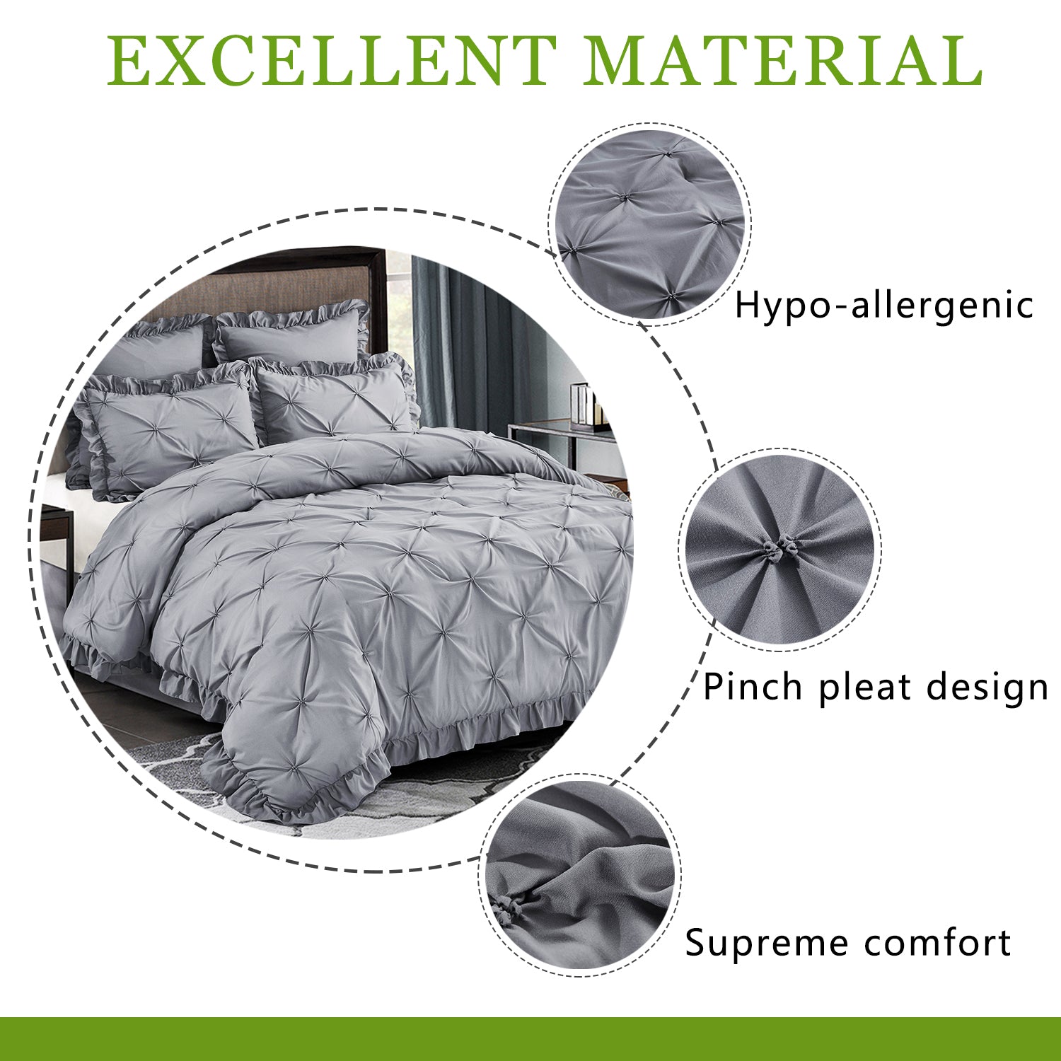 5 Piece Pinch Pleat Scallop Fringe Bedding Embroidered Comforter Set