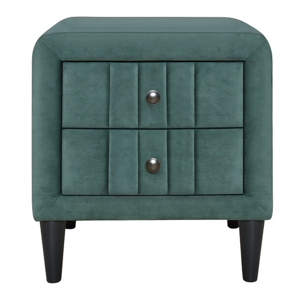 Modern Upholstered Wooden Nightstand with 2 Drawers， Velvet Bedside End Table with Knobs， Green - - 37970234