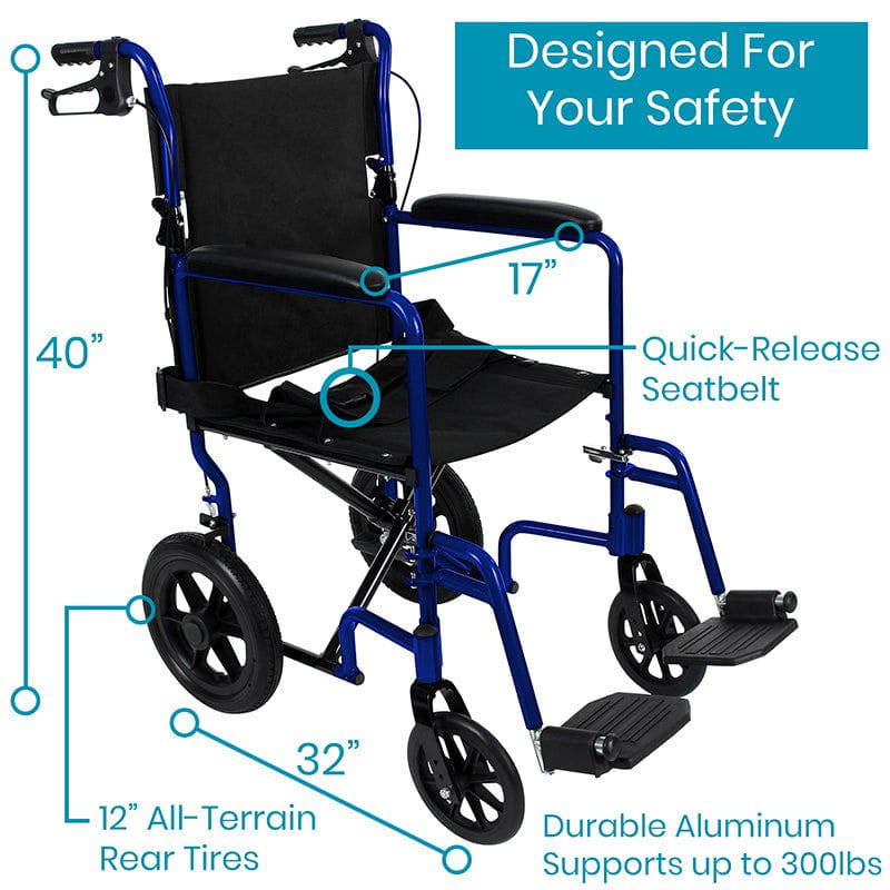 Vive Health Lightweight Folding Transport Wheelchair w/ Dual Brakes - All Terrain Tires, 300Lbs Weight Capacity, Fully Assembled