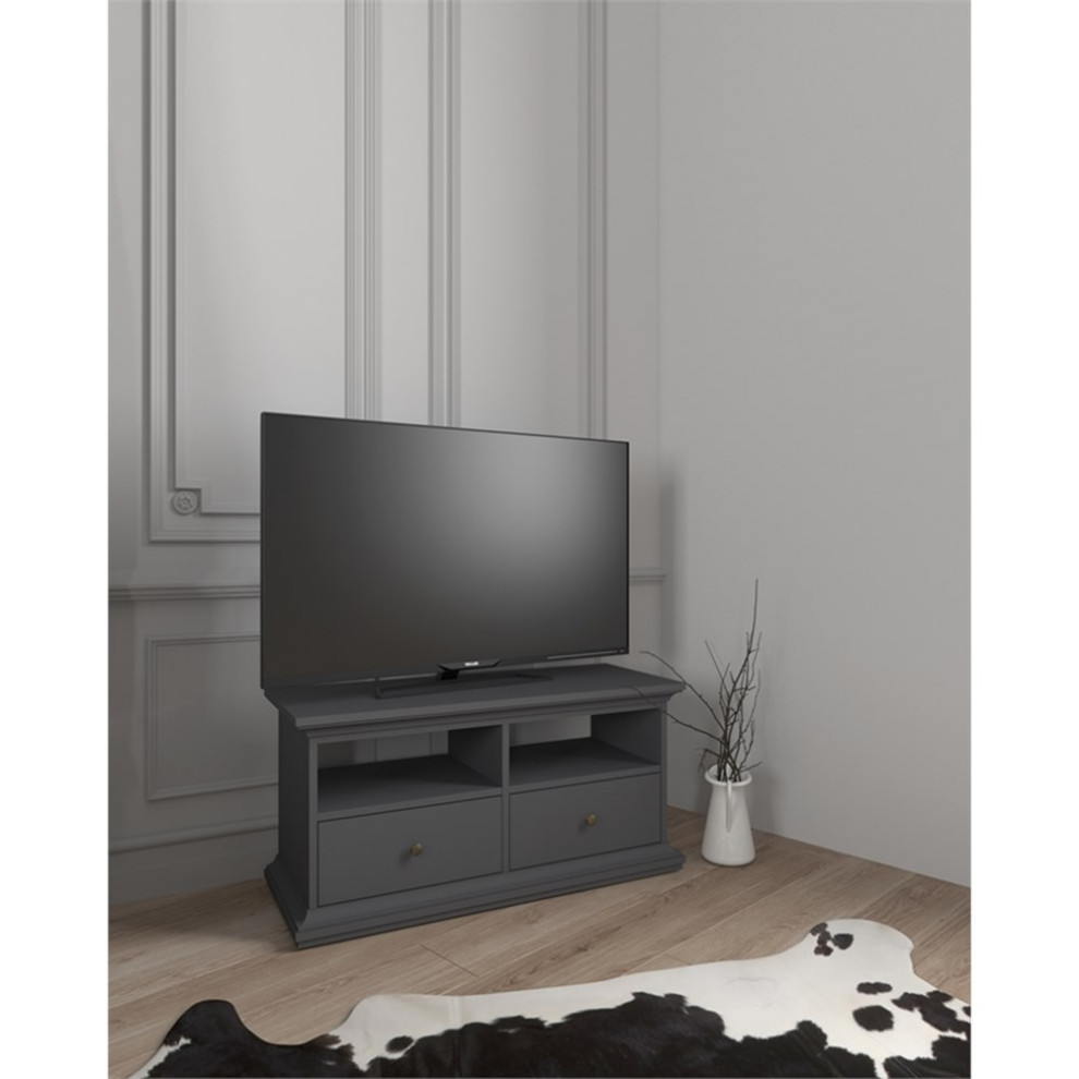 Pemberly Row Engineered Wood 2 Drawer TV Stand with 2 Shelves in Black Lead   Transitional   Entertainment Centers And Tv Stands   by Homesquare  Houzz