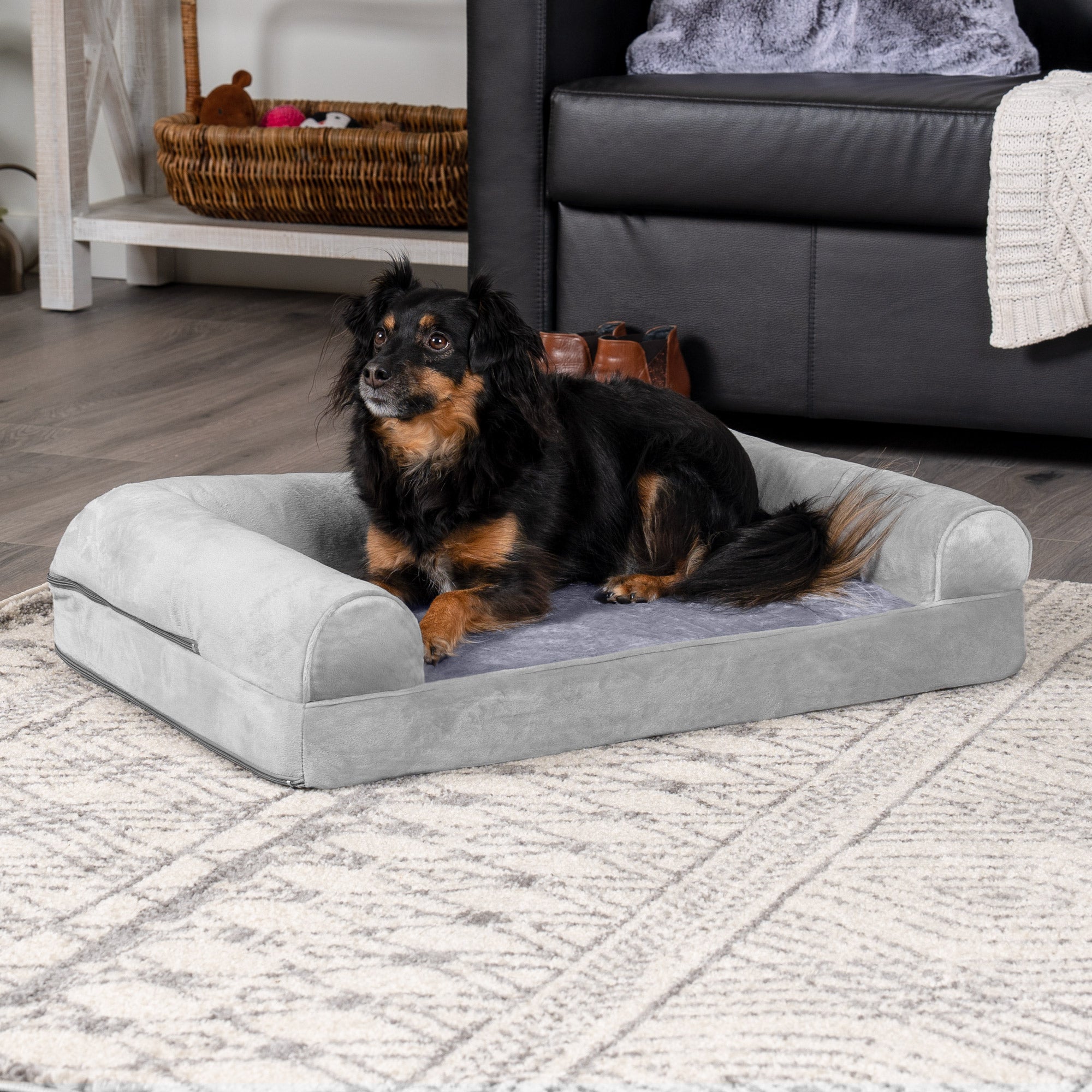 FurHaven | Orthopedic Faux Fur & Velvet Sofa Pet Bed for Dogs & Cats, Smoke Gray, Medium