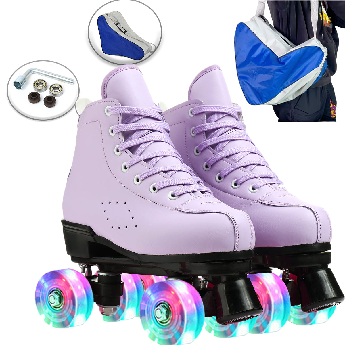 Roller Skate Shoes for Women Men， PU Leather Double-Row Roller Skates for Beginner， Professional Indoor Outdoor Roller Skates with Shoes Bag， Size 7