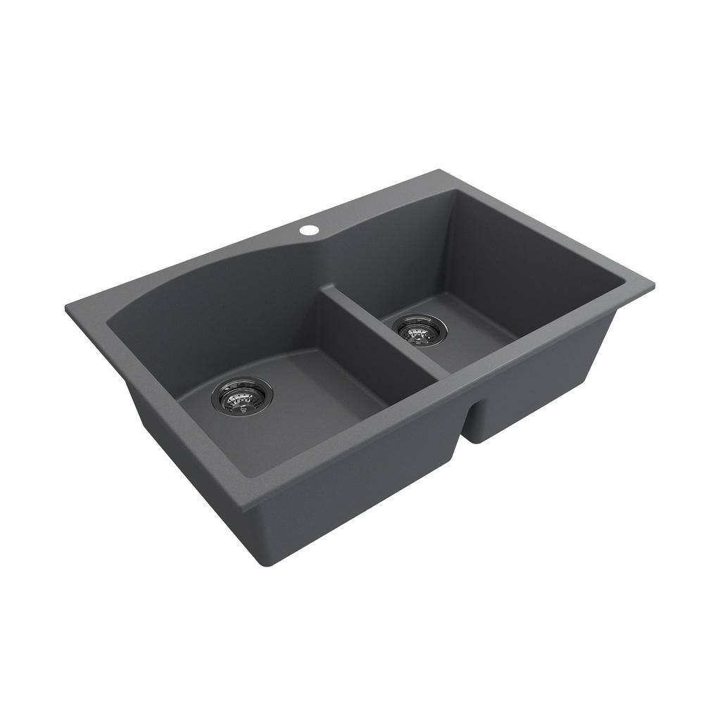 BOCCHI Campino Duo Concrete Gray Granite Composite 33 in. 6040 Double Bowl Drop-InUndermount Kitchen Sink with Faucet 1602-506-2019SS