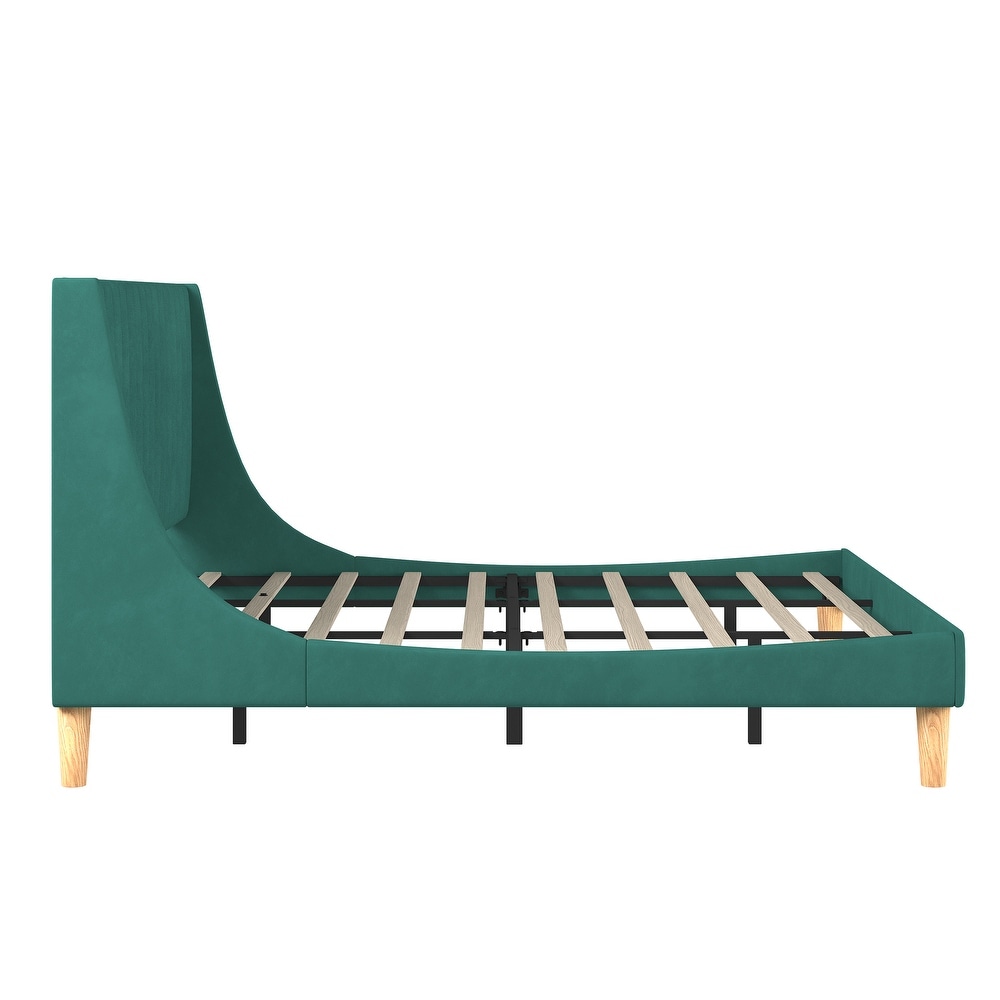 Clutter Free King Platform Bed Frame Wingback Upholstered Bed   Green