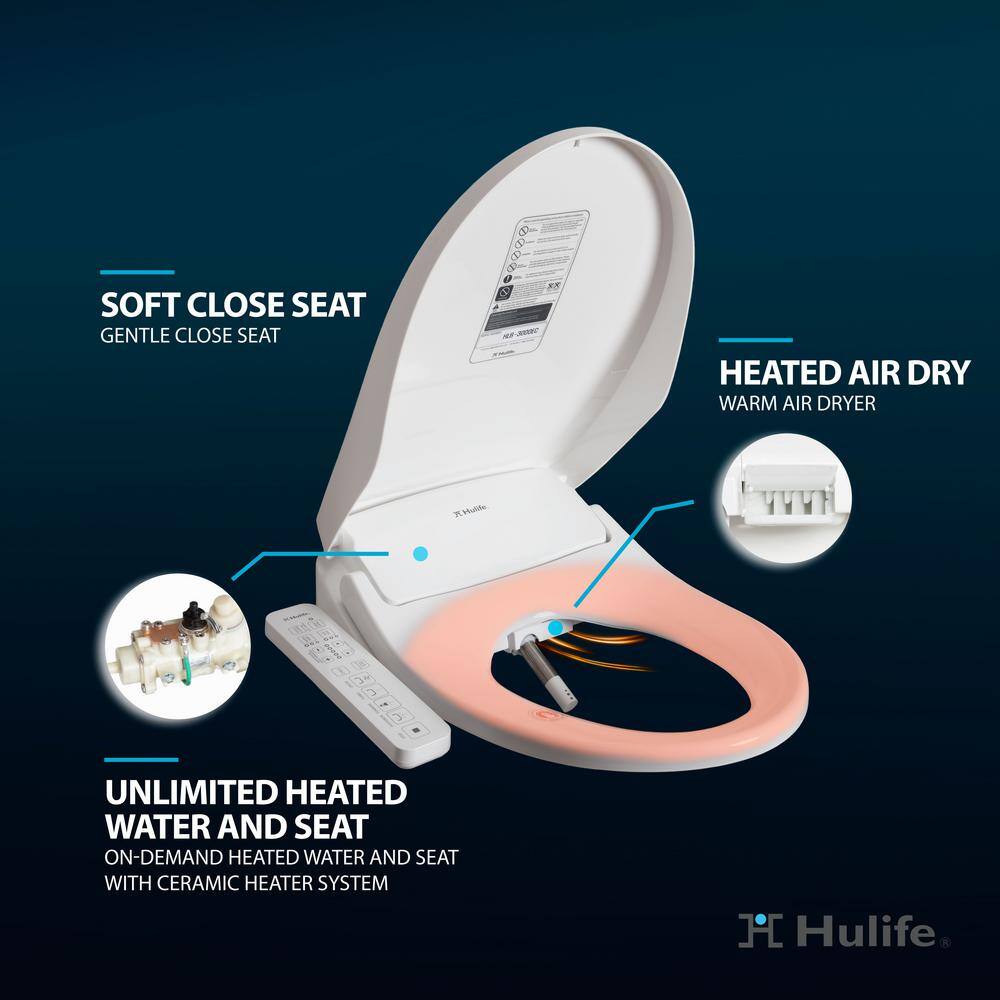 Hulife Electric Bidet Seat for Elongated Toilet with Unlimited Heated Water Heated Seat Dryer Control Panel in White HLB-3000EC