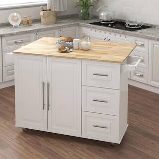 Hooseng Fragemen White Kitchen Island with Drop Leaf and Storage KIMW282S000291