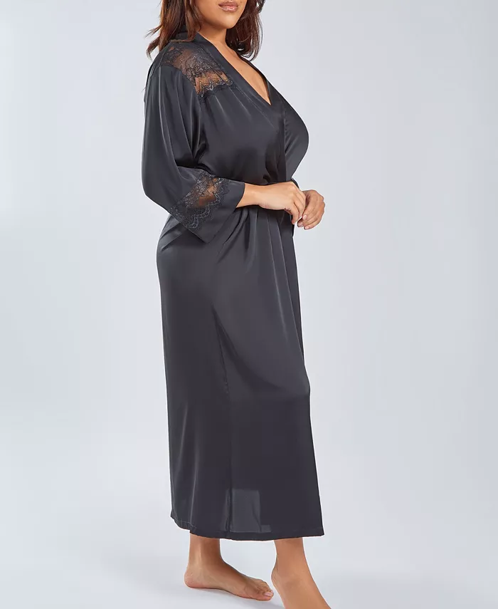 iCollection Plus Size Silky Stretch Satin Long Robe with Lace Trims