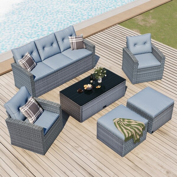 6Piece Patio Outdoor Conversation Set，AllWeather PE Rattan Sectional Sofa with Coffee Table and Ottomans